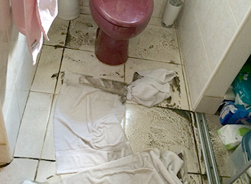 the effects of a sewage backup incident in a residential bathroom